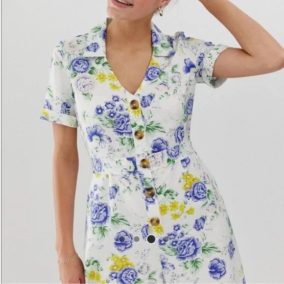 ASOS DESIGN cotton/linen floral print button front collar jumpsuit,Vintage look! - Picture 3 of 10